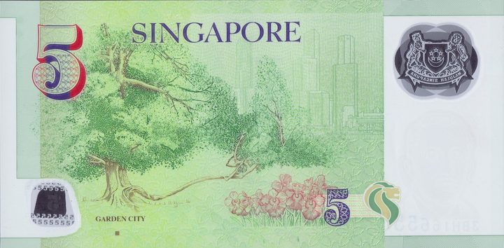 Back of the Singapore $5 polymer banknote — the Tembusu tree, Garden City series